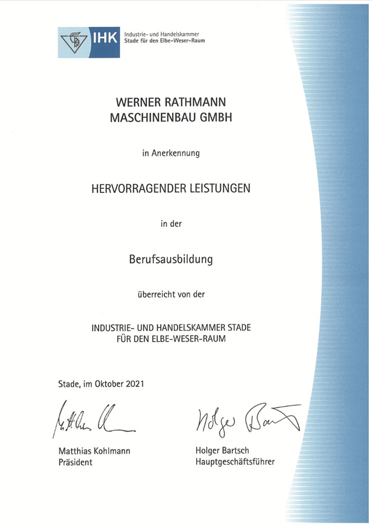 Anerkennung der hervorragenden Leistungen der Werner Rathmann Maschinenbau GmbH in der Ausbildung1