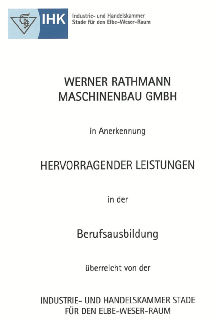 Anerkennung der hervorragenden Leistungen der Werner Rathmann Maschinenbau GmbH in der Ausbildung 2